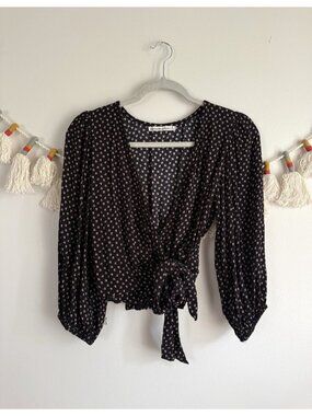 Abercrombie & Fitch Black Floral Wrap Long Sleeve Crop Top Cottage Feminine XS